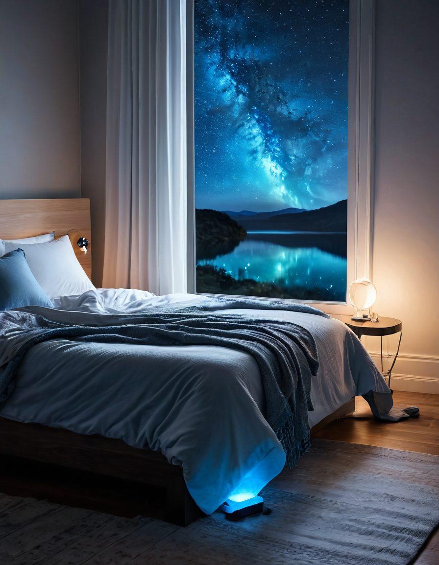 A serene bedroom scene featuring a futuristic water technology device subtly integrated into a nightstand, illuminating the room with a calming blue glow. Soft, fluffy pillows and a cozy blanket drape over a neatly made bed, and a window shows a peaceful night sky with stars. A glass of water beside the device reflects the light, enhancing the tranquil atmosphere. The overall mood portrays comfort and rejuvenation. super-realistic. calming colors. white background.