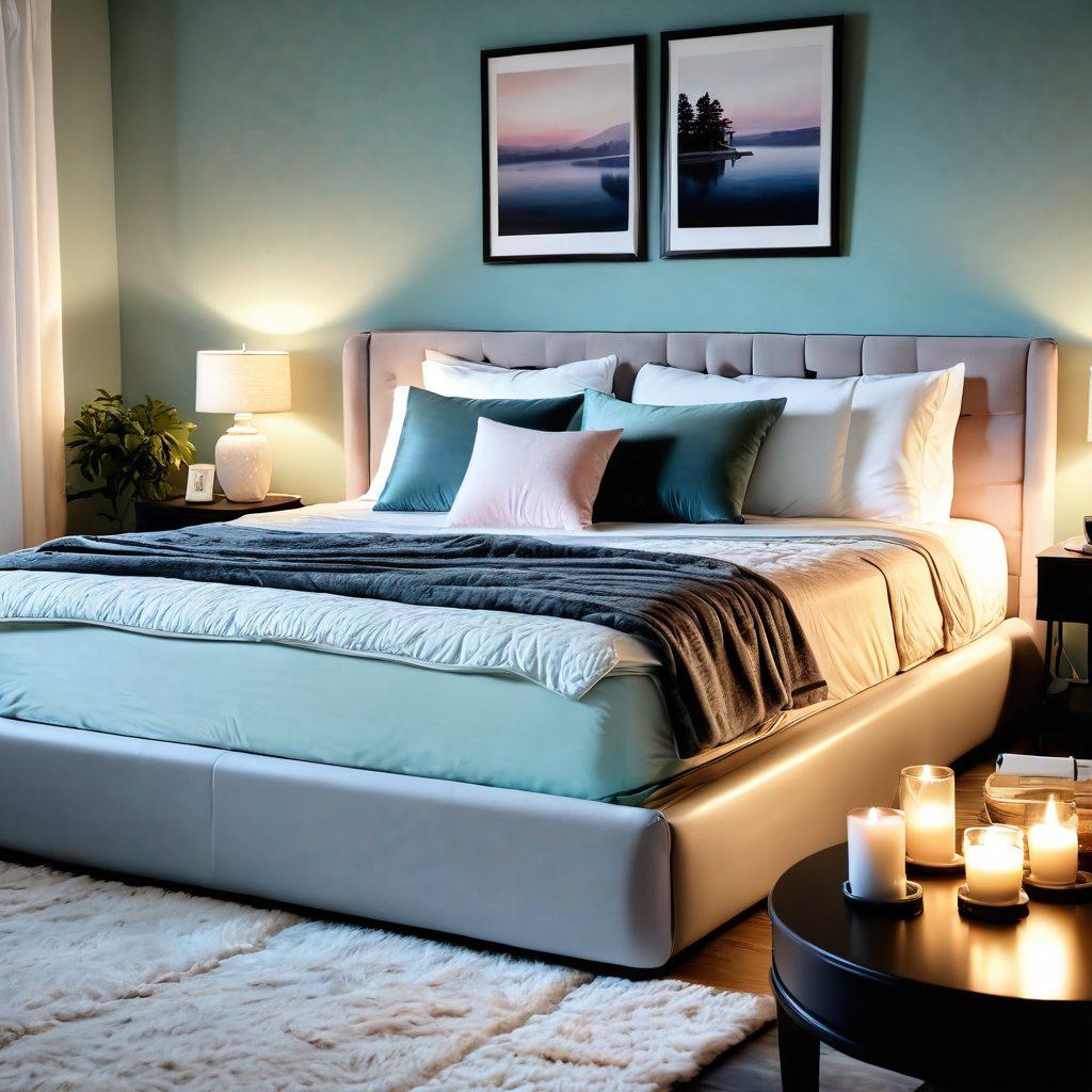 A serene bedroom scene featuring a luxurious waterbed with plush bedding, soft pillows, and calming colors. Include decorative elements like gentle lighting, cozy blankets, and a bedside table with relaxing items like a book and a candle. The atmosphere should evoke comfort and tranquility, inviting viewers to envision blissful relaxation on a waterbed. soft focus, pastel colors, super-realistic.