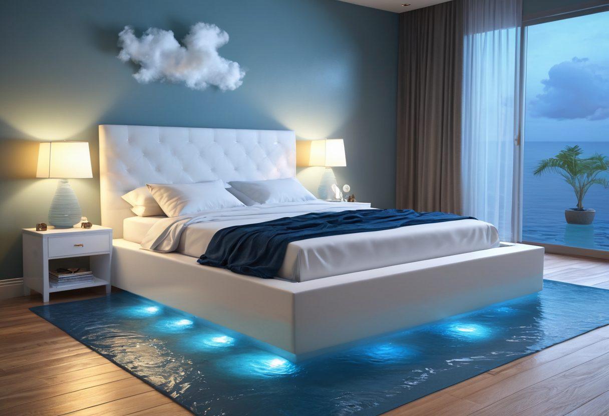 A serene bedroom scene featuring a luxurious waterbed surrounded by soft, dream-like elements such as floating clouds and gentle waves. Incorporate calming colors like blues and whites, with soft glowing lights to create a peaceful ambiance. Add a bedside table with a small water fountain for tranquility. Capture an overall feeling of relaxation and comfort. super-realistic. vibrant colors. soft focus.